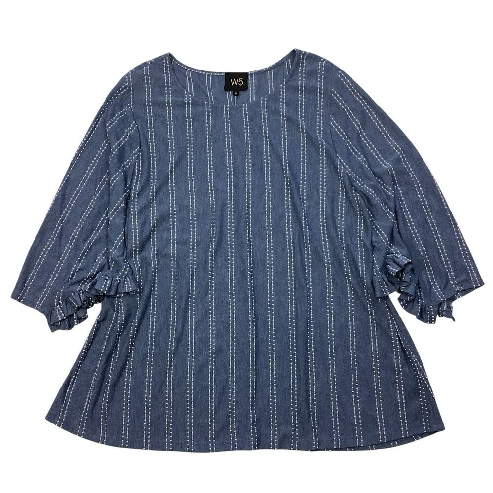 W5 Blue White Striped Ruffle Sleeve Top Women 3X Boho Chic Coastal Cottagecore